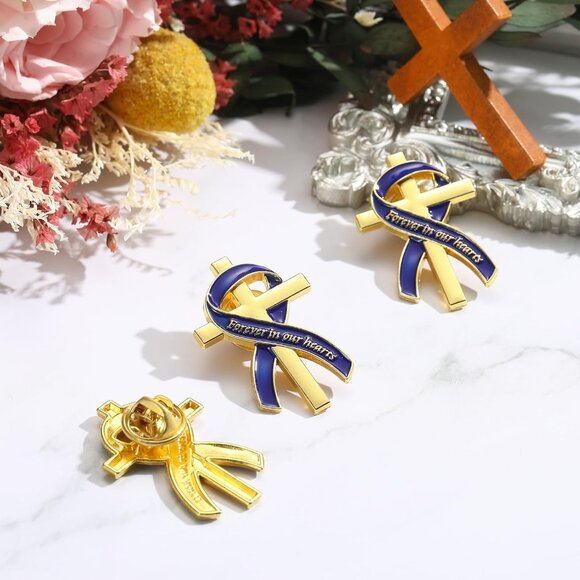 Funeral memorial lapel pins with blue ribbons, 100 pcs, durable alloy, easy butt - Picture 3 of 6